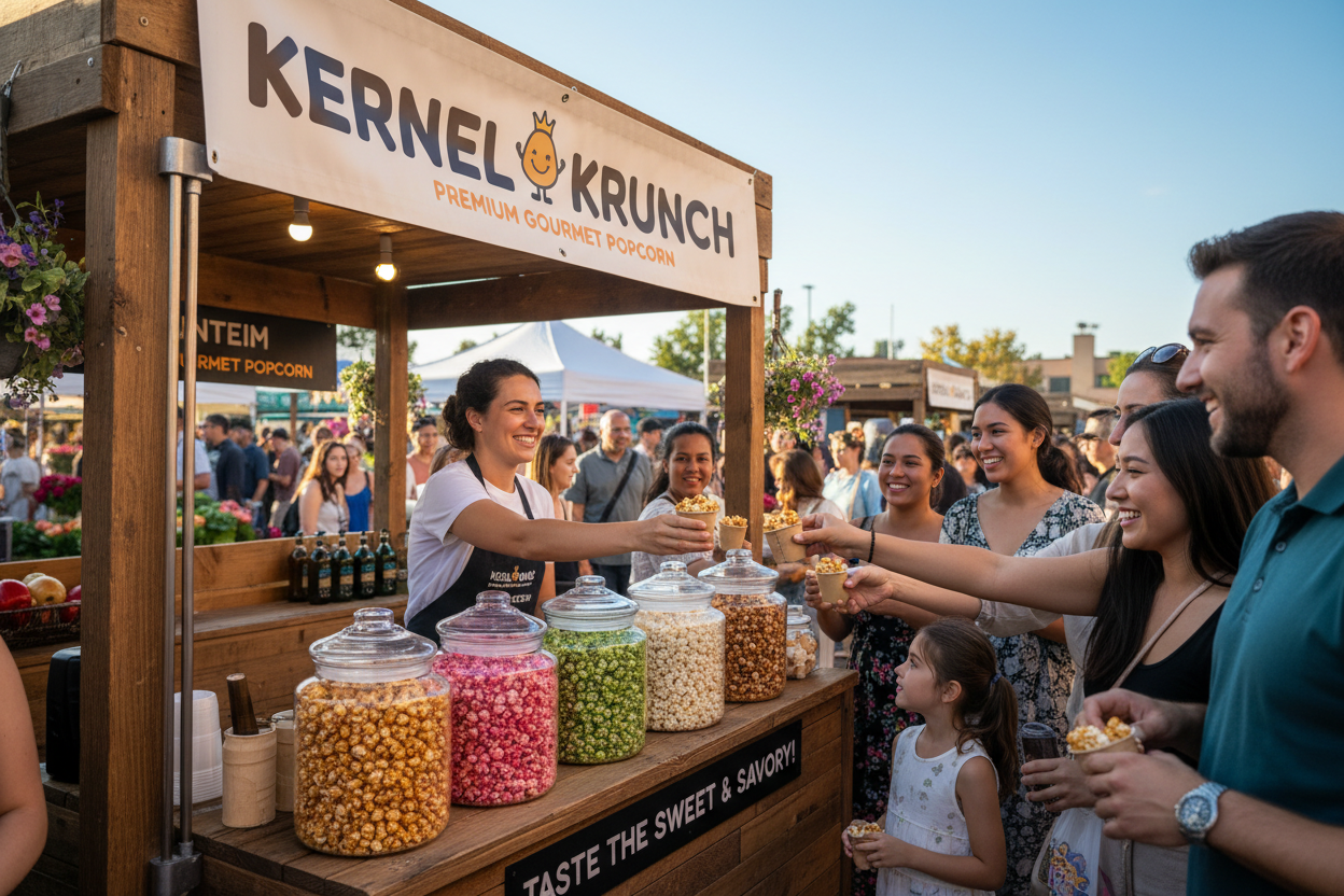 At a event serving free samples of Sweet and Salt Gourmet Popcorn to passing potential customers in a crowd of people.