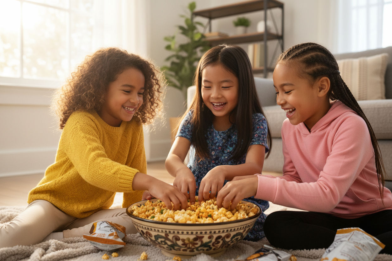 Salt & Vinegar Gourmet Popcorn delivers a bold, mouth-watering crunch with the perfect balance of tangy vinegar and savory salt. Showing 3 little girls sharing a bowl of this popcorn.
