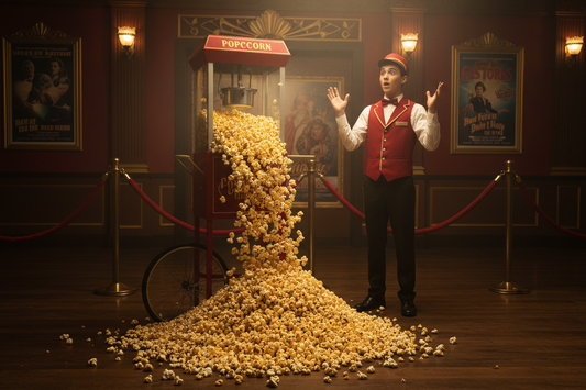 Buttered popcorn over flowing out of a popcorn machine onto the floor in the movie theater where the attendant watching in Aww.