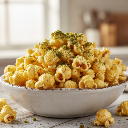 Buttered Popcorn with added Dill Pickle Seasoning