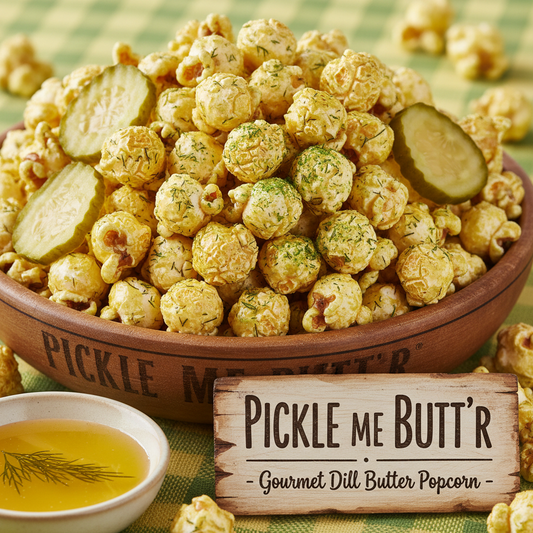 Gourmet Dill Pickle and Buttered Flavor Popcorn. Made to Pickle Me Butt'r!
