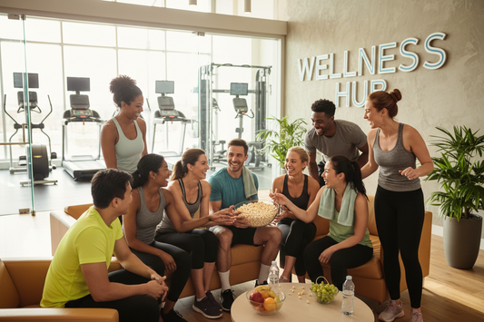 Health Pleaser Gourmet Popcorn has simple ingredients and allergy friendly made for those who love themselves enough to choose a healthy alternavtive when consuming popcorn. Showing  a image of a group of people in a gym or health club.