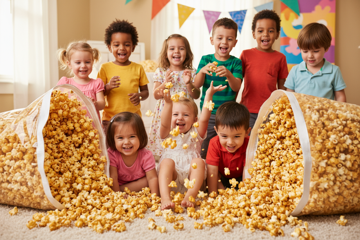 Image of extra buttered popcorn in big bags of buttered popcorn surrounding small kids mixed boys and girls
