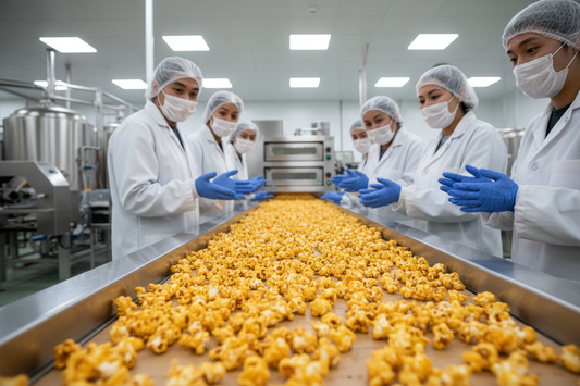 Image of Gourmet Popcorn Cheddar Cajun. Made with a combination of Cheddar Cheese and Savory Butter all wrapped up in one on a assembly line or production line with ladies and men standing around in Aww of amazement.