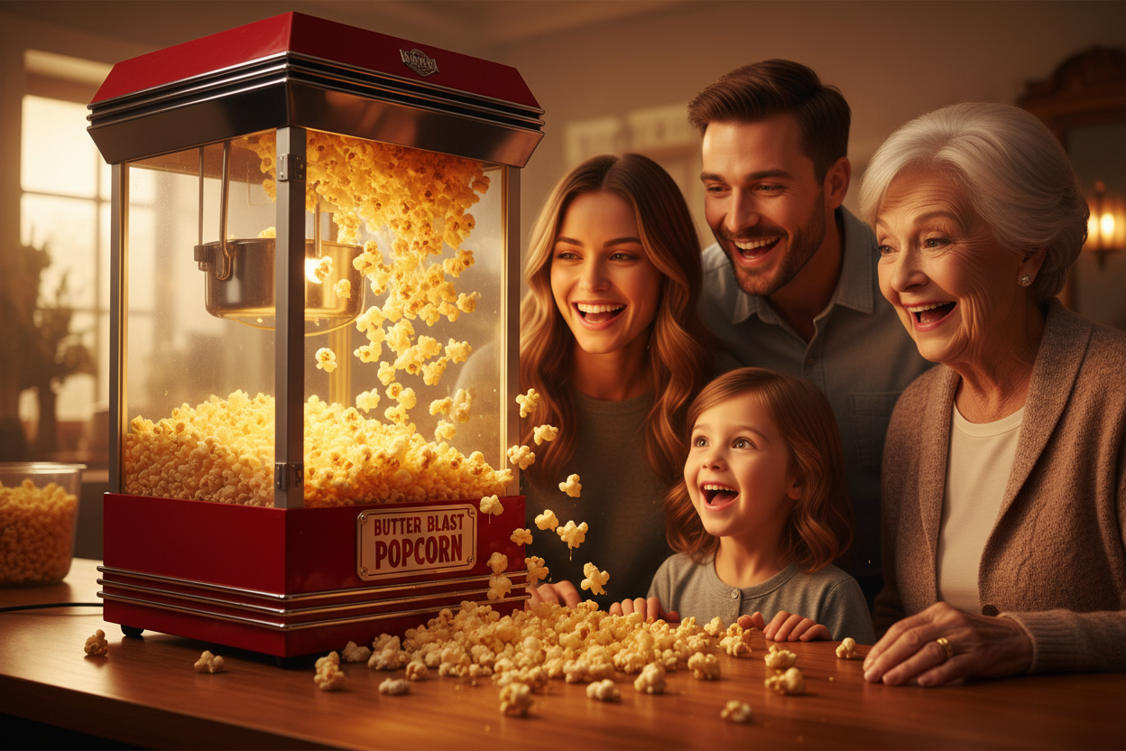 Image shows popcorn machine with extra buttered popcorn being popped and the popcorn is over flowing out of the machine with a five people watching.
