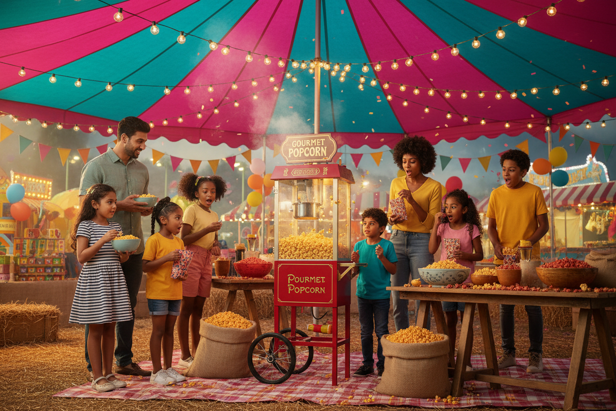 Image that combines Cheddar Cheese and Spicy Seasoning Gourmet Popcorn together with kids and their parents are from different backgrounds around a large popcorn machine with them tasting and watching the popcorn at a outdoor festival with a big party tent.