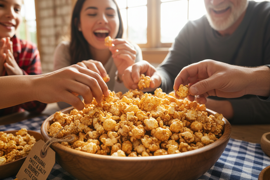 Kettle Corn with some people eating it. The flavor that they will experience will be an example of how Sweet and Salt Gourmet popcorn is supposed to be. 